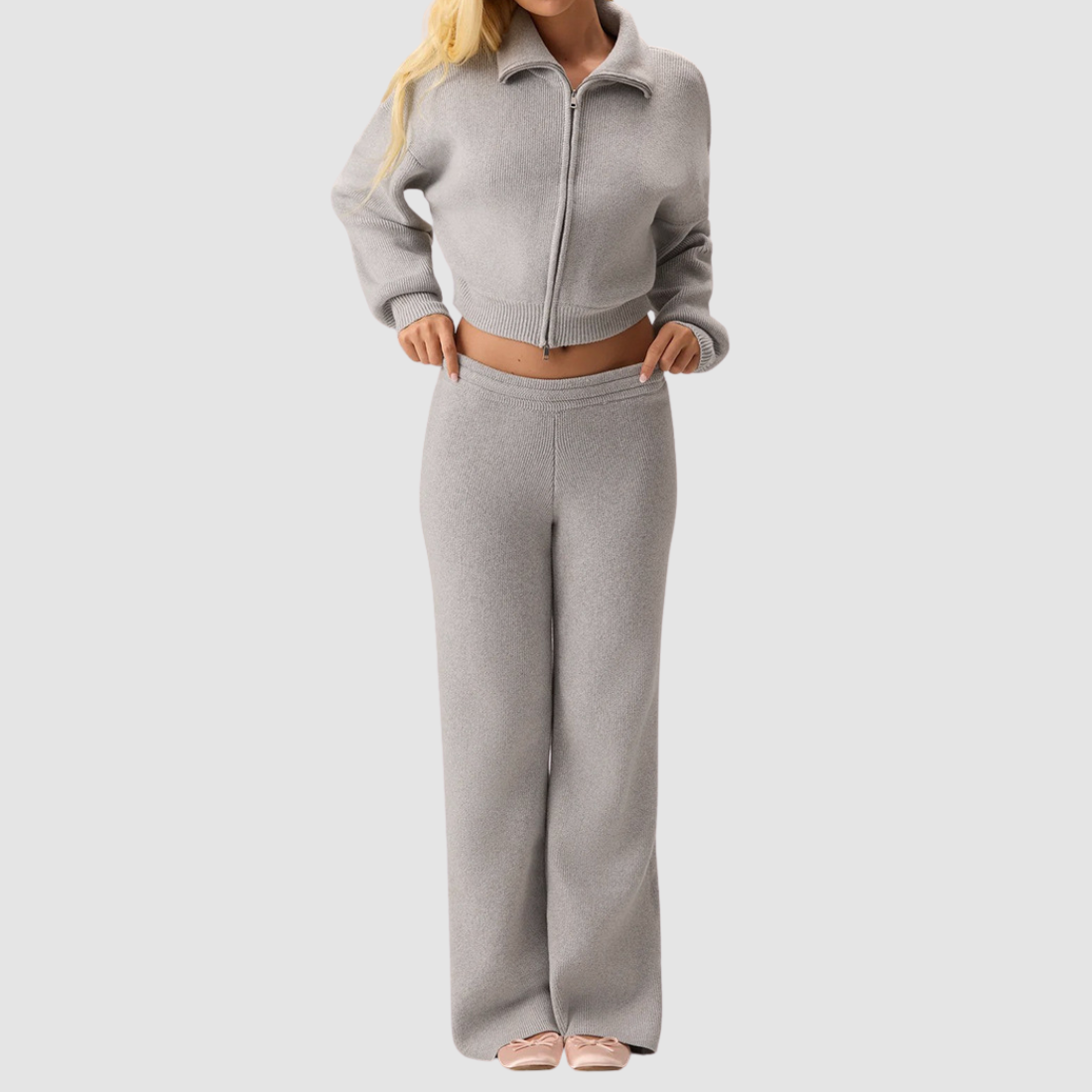 Wholesale Women's Sweaters Striped Stand-Collar Zip Knit Top & Flared Pants Set
