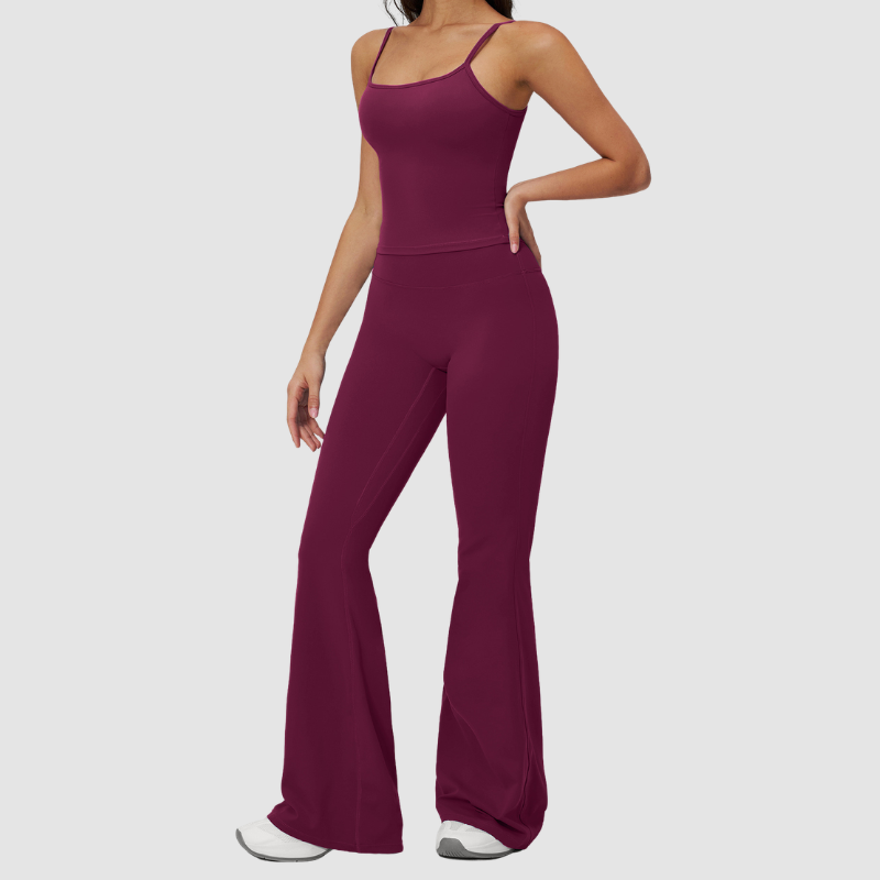 Wholesale Seam-Detail Racerback Tank Top & High-Waist Flare Leggings Set – Brushed Yoga 2-Piece