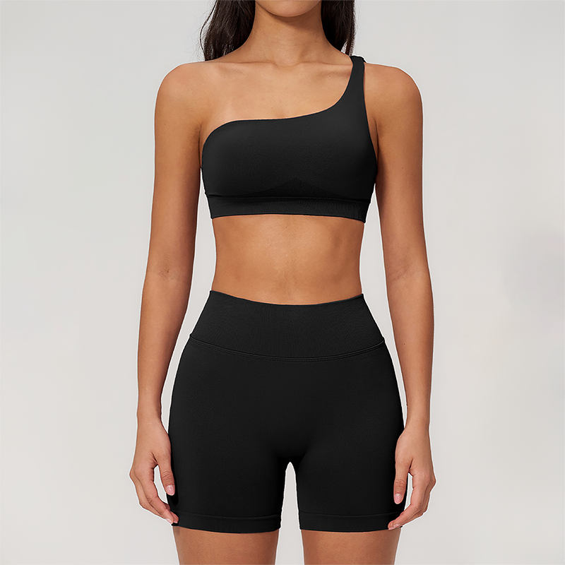Wholesale Seamless One-Shoulder Sports Bra & High-Waist Biker Shorts Set – Quick-Dry Yoga 2-Piece
