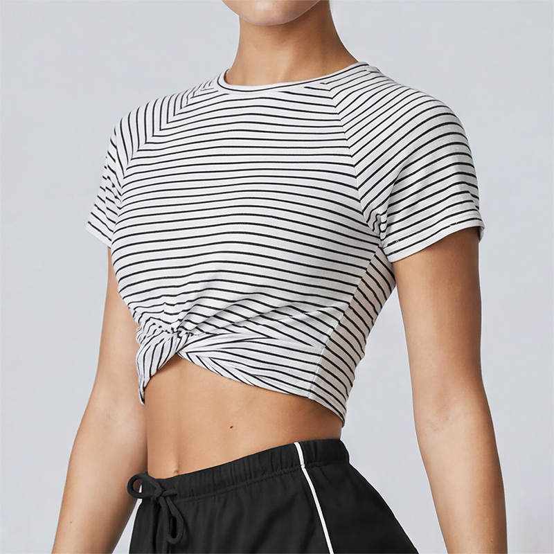 Wholesale Women's Striped Yoga T-Shirt – Short Sleeve Tie-Front Breathable Running Top