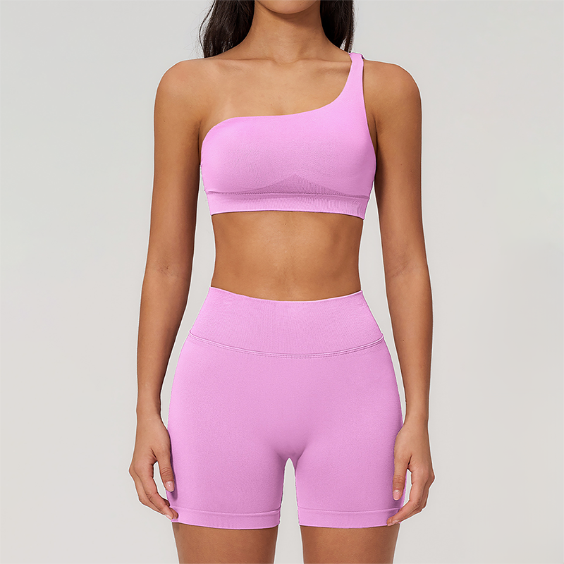 Wholesale Seamless One-Shoulder Sports Bra & High-Waist Biker Shorts Set – Quick-Dry Yoga 2-Piece