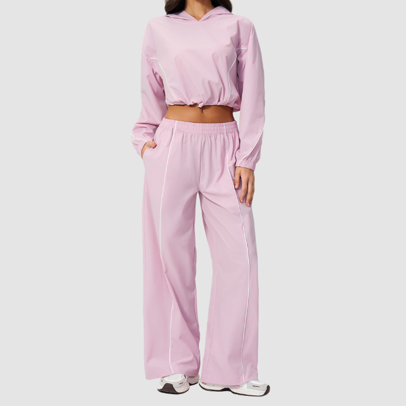 Wholesale Women's UPF50+ Sun Protection Hoodie Jacket + Wide-Leg Pants Set – Colorblock Outdoor Running Sportswear