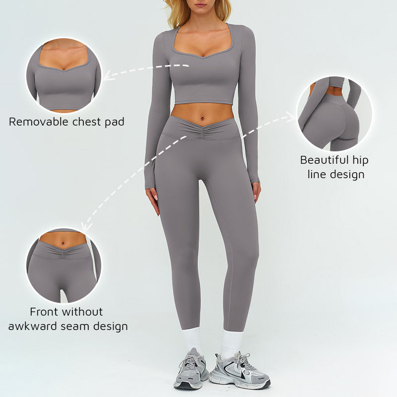 Slim-fitting long-sleeved top + tight-fitting athletic leggings 2-piece set