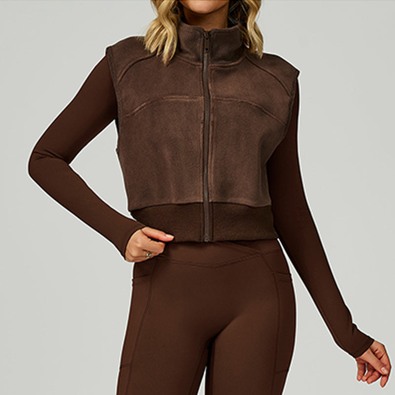 High neck and velvet full zipper sports vest top