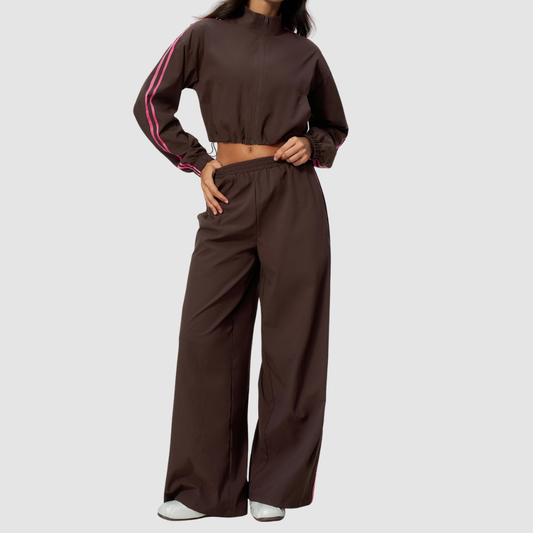Wholesale Women's Color-Block Stand-Collar Wide-Leg Pants Sports Set