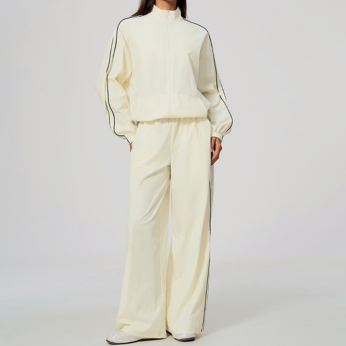 Wholesale Women's Stand-Collar Zip Jacket and Wide-Leg Long Pants Set