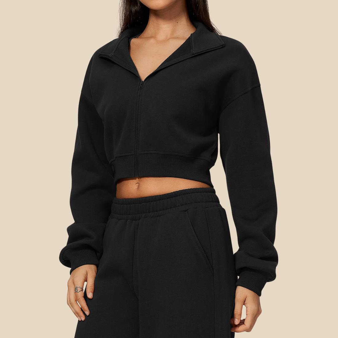 wholesale Women's Activewear Fleece-Lined Stand-Collar Zip Cropped Jacket