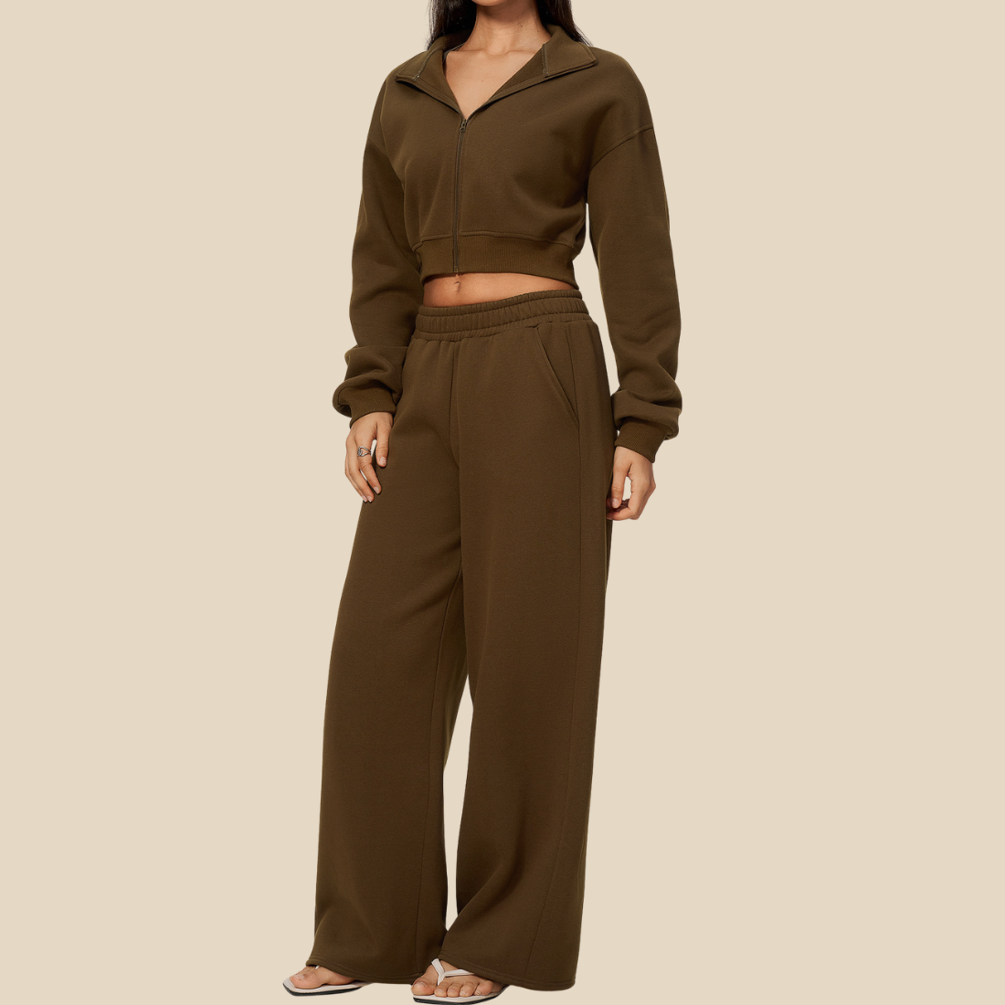 Wholesale Women's Activewear High-neck zip-up Jacket+Fleece-lined wide-leg pants Set