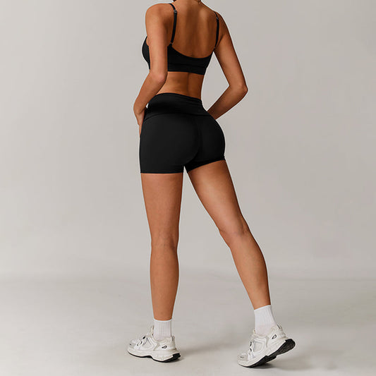 V-shape neck and thin straps sports bras + High-waisted shorts 2-piece set