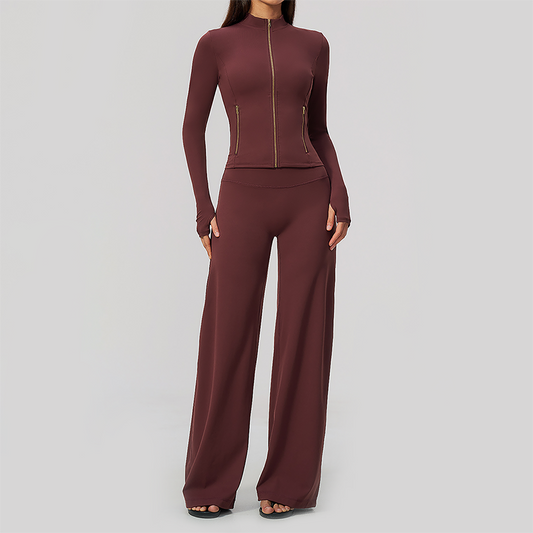 Wholesale Women's Zip-Up Yoga Jacket Set – Relaxed Wide-Leg Pants Activewear Set