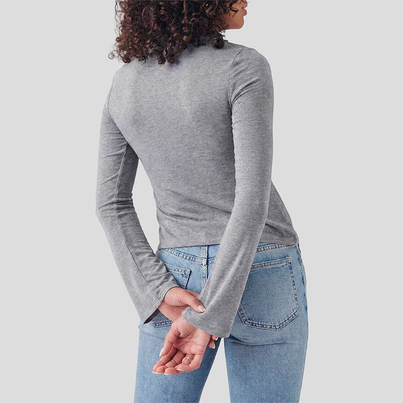 Wholesale Modal-Blend Tie-Front Bow Long-Sleeve Fitted T-Shirt – Elegant Slim-Fit Top