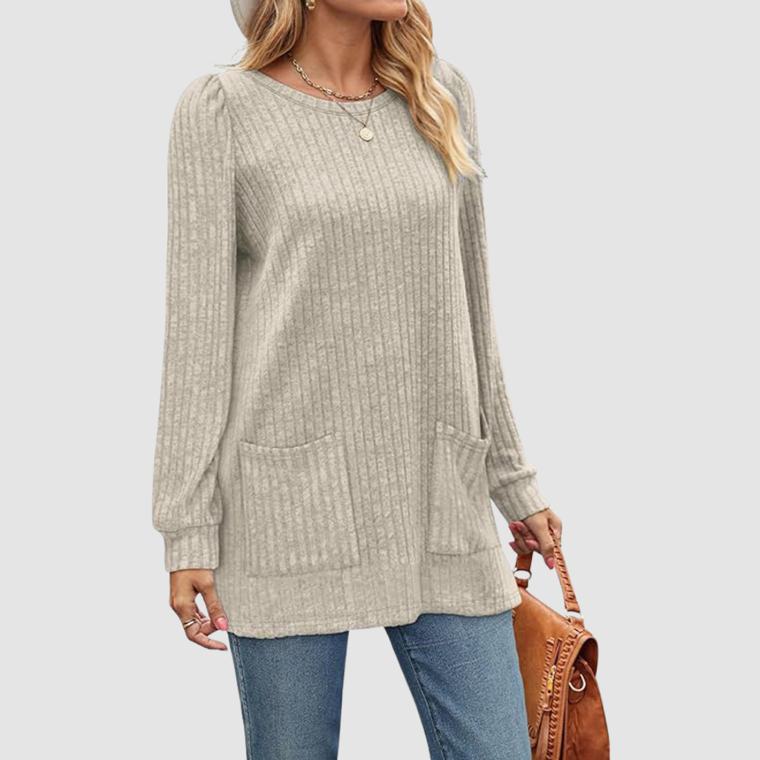 Wholesale Women’s Ribbed Pocket Tunic Sweater – Mid-Long Knit Pullover