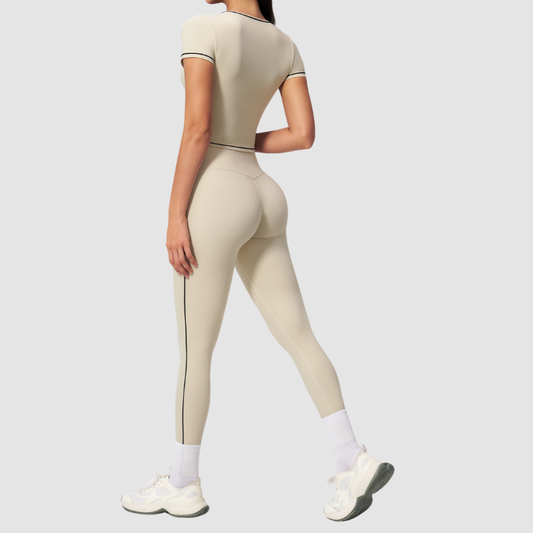 Wholesale Women's Seam-Detail Short Sleeve Crop Top + High-Waist Leggings Set – Butt-Lifting Yoga Gym Activewear