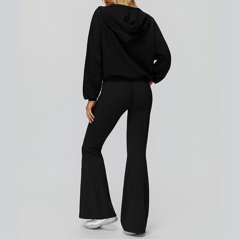 V-neck large hooded jacket+Sports tank top+High-waisted pleated back pants 3-piece set