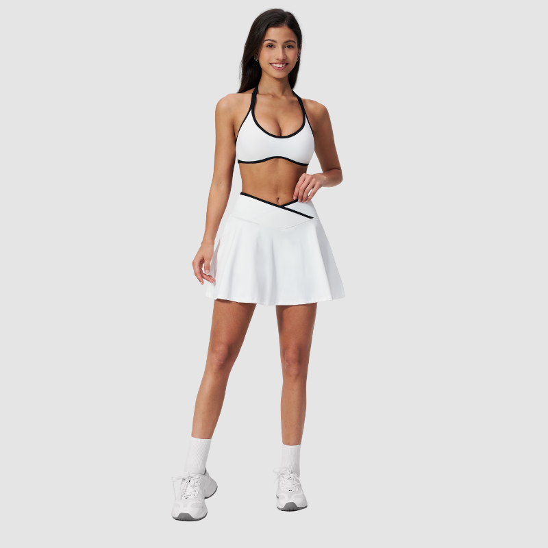 Wholesale Women's Color Block Sports Bra & Anti-Exposure High-Waist Mini Skirt Set – Naked Feel Yoga Gym Activewear