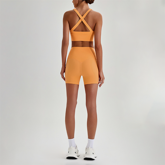 Wholesale Cross-Back Sports Bra & High-Waist Biker Shorts Set – Naked-Feel Quick-Dry Yoga 2-Piece