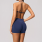 Wholesale Women's Seamless Yoga Set: Halter Open-Back Sports Bra & Shorts – Quick-Dry Lycra w/ Chest Pad