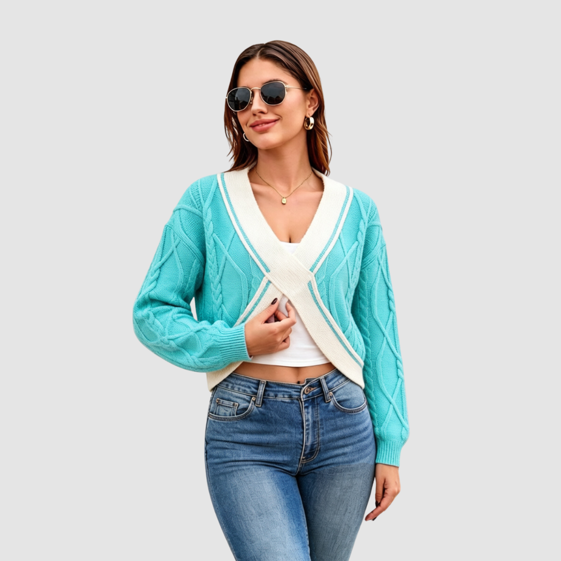 Wholesale Women’s Contrast V-Neck Cropped Knit Sweater