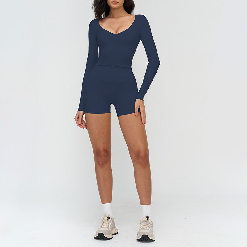 V-neck slim-fit long-sleeved top + High waist shorts 2-piece set