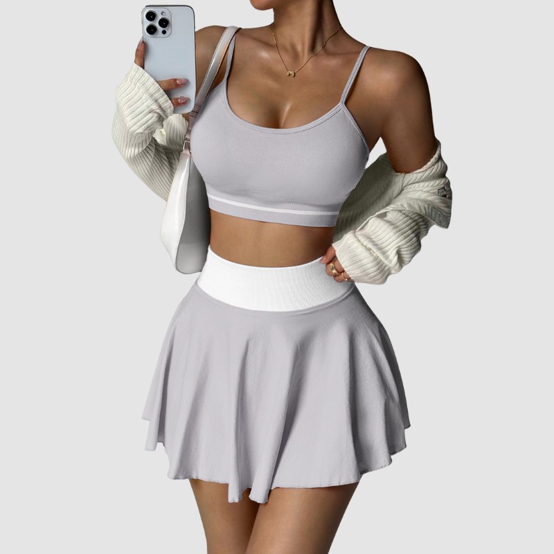 Wholesale contrasting color sports bra + patchwork skirt