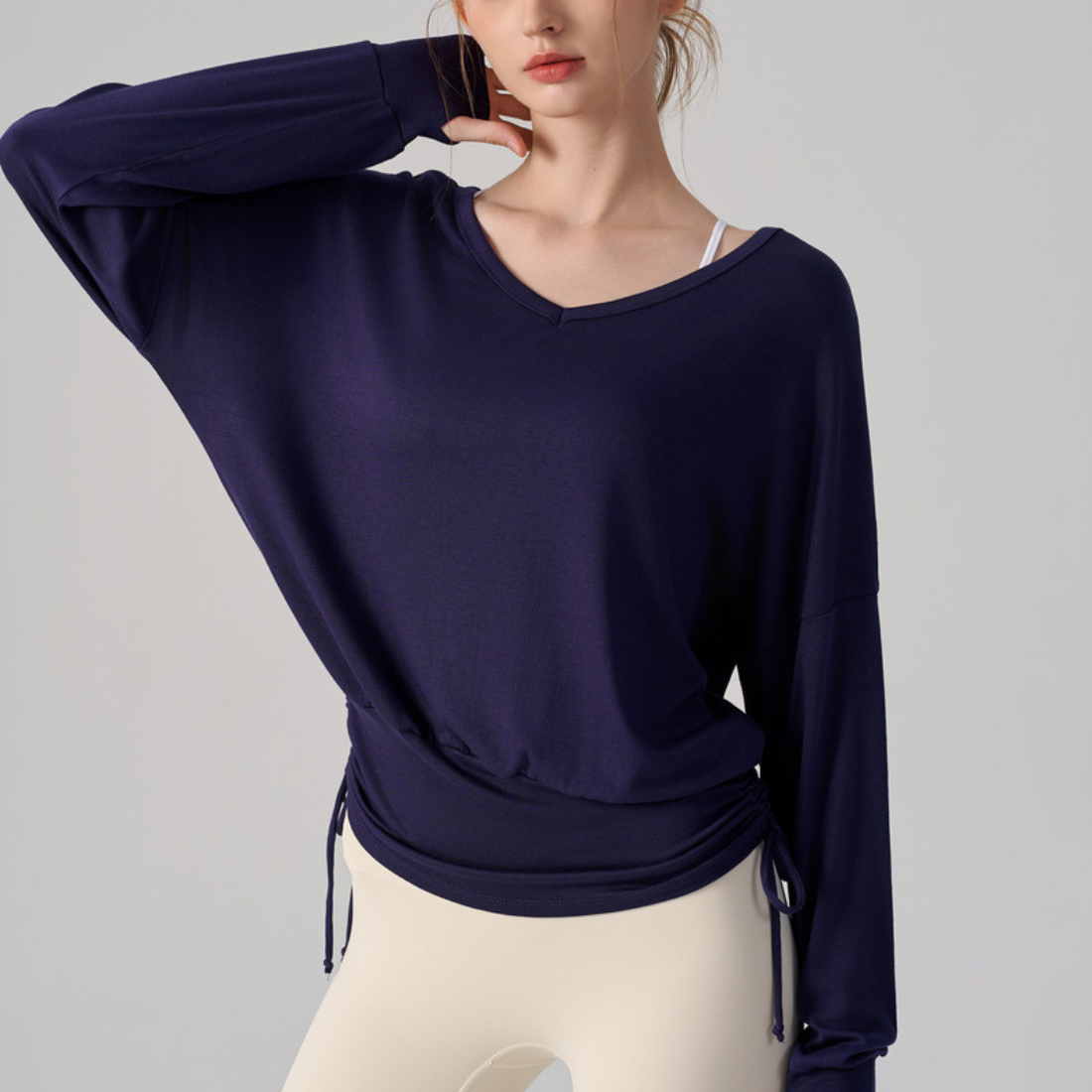 Wholesale V-Neck Batwing Sleeve Yoga Cover-up – Loose Drawstring T-Shirt
