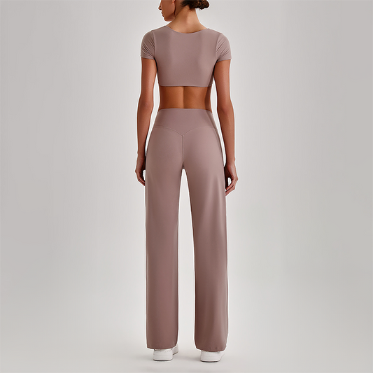 Wholesale Women's Short Sleeve Exposed Back Bra+Naked Feel Straight Leg Pants Yoga Set