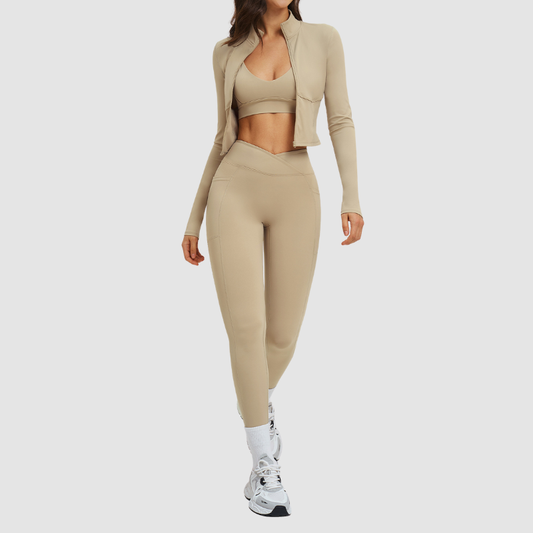 Wholesale stand-collar jacket+leggings+ sports bra 3-piece | Wonderxfans bulk activewear