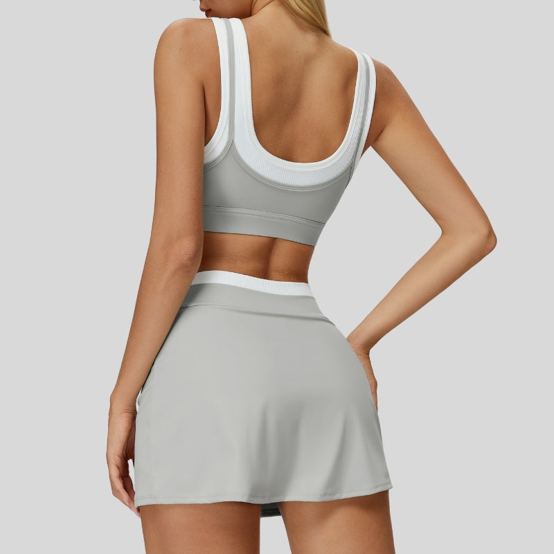 Contrast color sports bra + Anti-exposure short skirt
