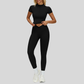 Slim-fit stand-up collar short-sleeved top+Pleated waistband sport leggings 2-piece set