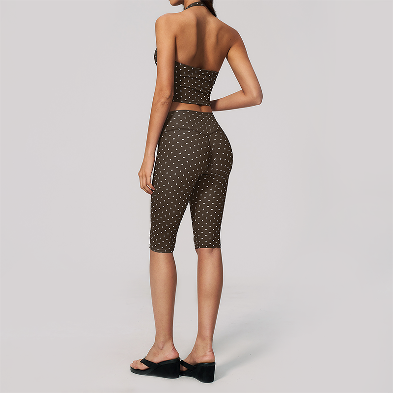 Wholesale Women's Deep V high-elastic polka-dot vest + high-waisted Capri Shorts Set