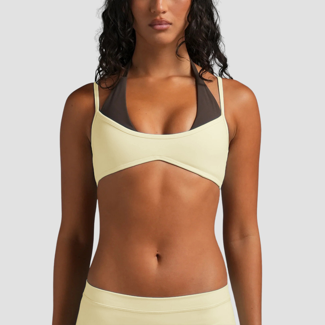 Wholesale Women's Halter Neck Faux Two-Piece Sports Bra with Adjustable Straps