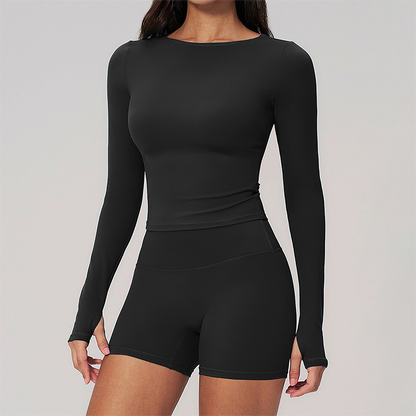 Wholesale Seam-Detail Long-Sleeve Crop Top & High-Waist Biker Shorts Set – Brushed Yoga 2-Piece
