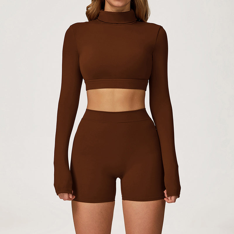 High-Neck Cropped Long Sleeve + Butt-Lifting Shorts 2-Piece Set