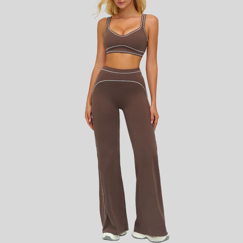 Contrasting bra with removable bra pads+High-waisted wide-leg pants 2-piece set