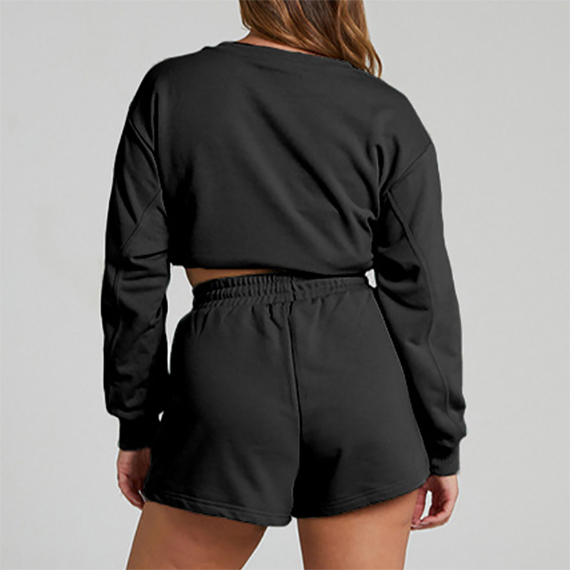 Wholesale solid color long sleeved sweatshirt+shorts set