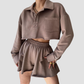 Wholesale Women's Long Sleeve Crop Cardigan & Drawstring Shorts Set – Casual Two-Piece TZ8040