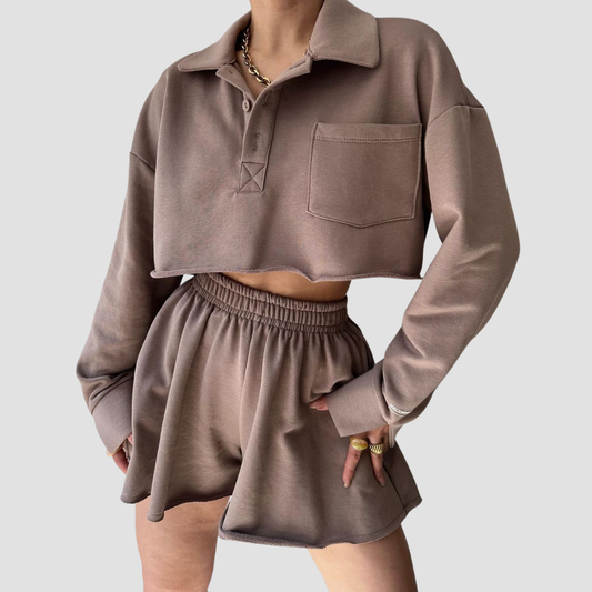 Wholesale Women's Long Sleeve Crop Cardigan & Drawstring Shorts Set – Casual Two-Piece TZ8040