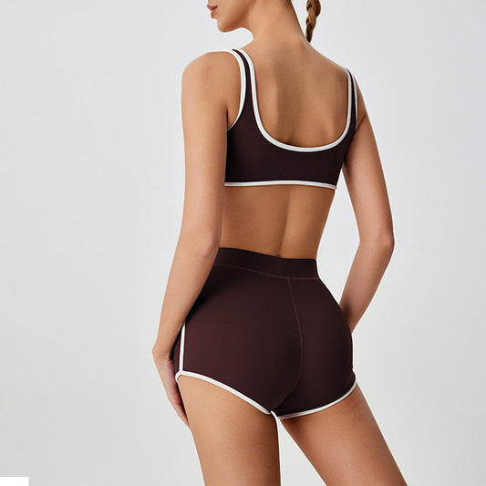 contrast color Sports Bra + High-Waist shorts 2-Piece Set