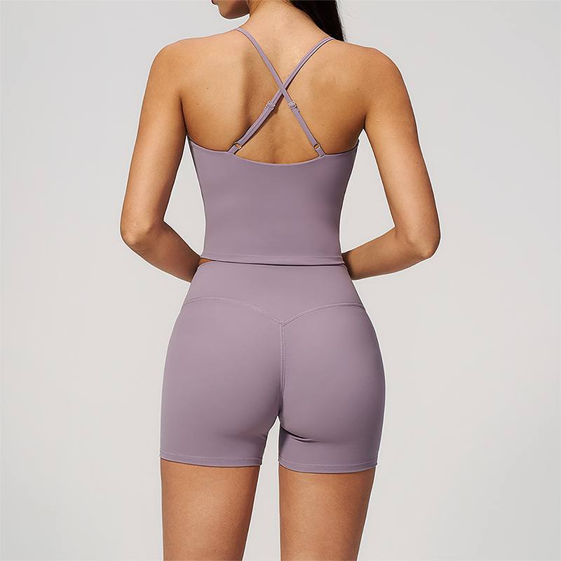 Wholesale Women's Cross-Back High Waist Yoga Set Sports Bra & Shorts with Chest Pad