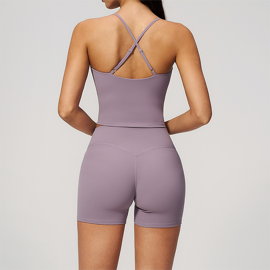 Wholesale Women's Cross-Back High Waist Yoga Set Sports Bra & Shorts with Chest Pad