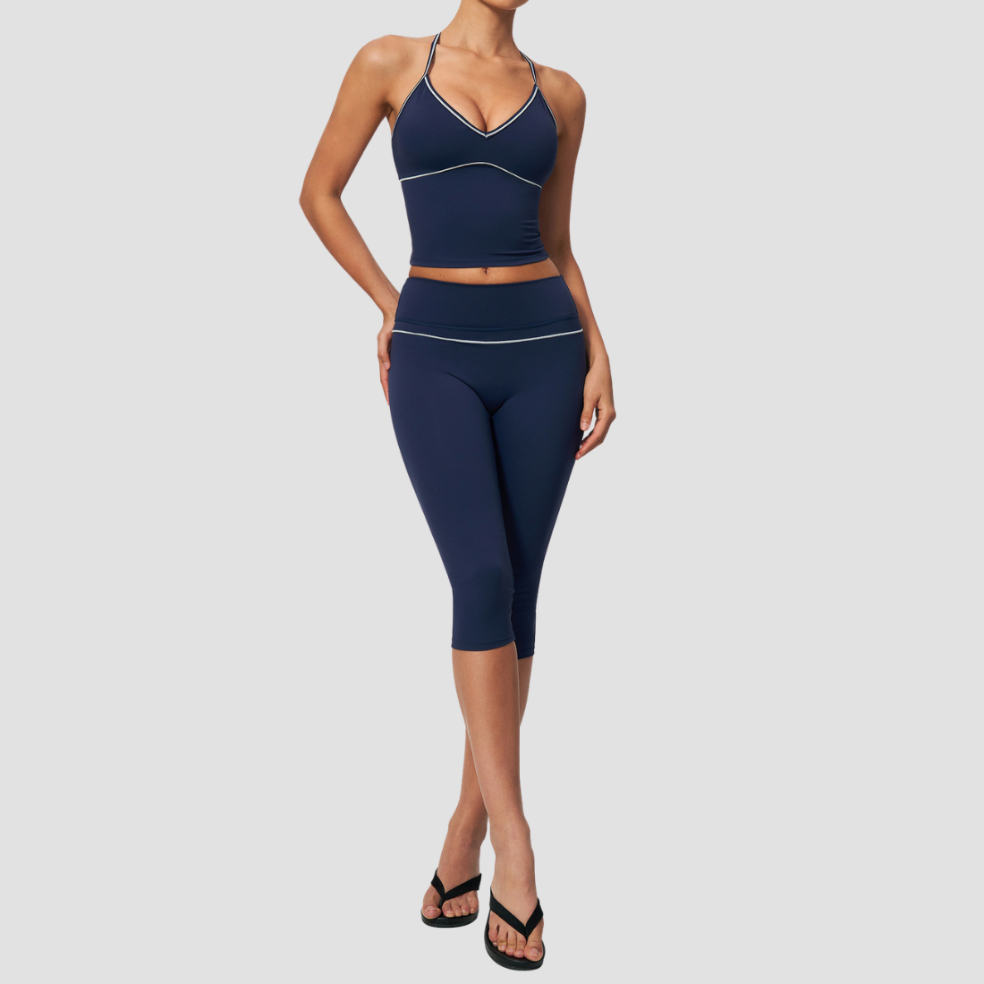 Wholesale Women's Brushed Yoga Set: Cross-Back Bra & Capri Pants – Colorblock Tummy Control