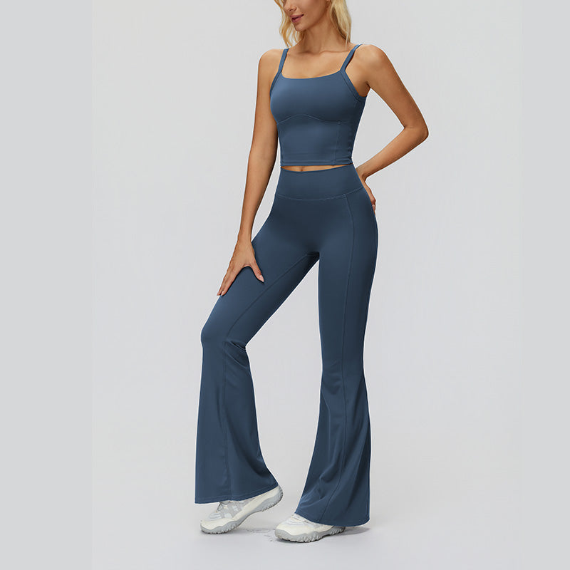 Sports vest with U-shaped+High waisted sports flared pants 2-piece set