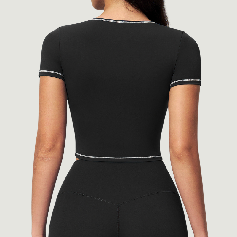 Wholesale Women's Seam-Detail Colorblock Short Sleeve Crop Top – Butt-Lifting Yoga Gym Activewear FDX2036