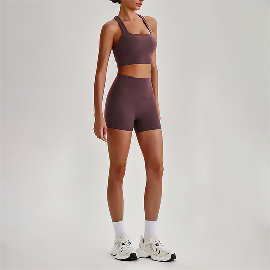 Wholesale Cross-Back Sports Bra & High-Waist Biker Shorts Set – Naked-Feel Quick-Dry Yoga 2-Piece