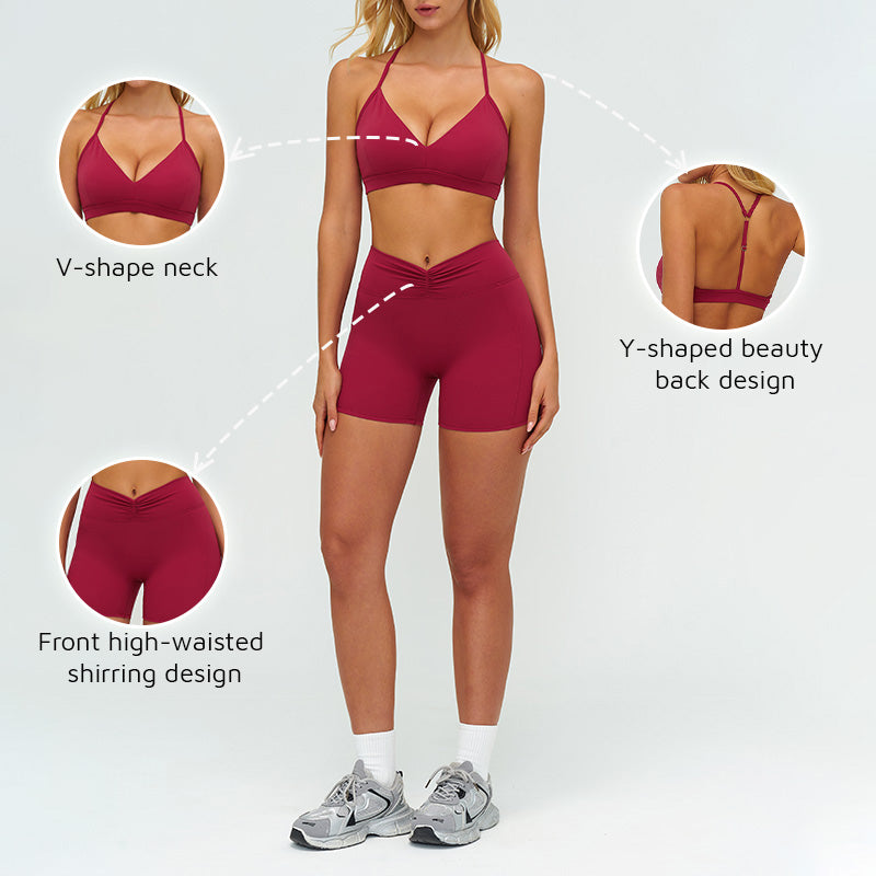 Removable bra pads + high-waisted pleated shorts 2-piece set