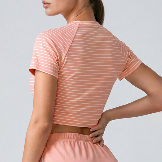 Wholesale Women's Striped Yoga T-Shirt – Short Sleeve Tie-Front Breathable Running Top