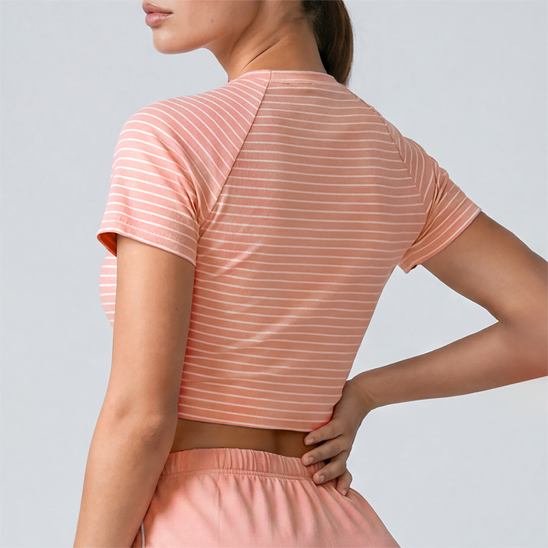 Wholesale Women's Striped Yoga T-Shirt – Short Sleeve Tie-Front Breathable Running Top