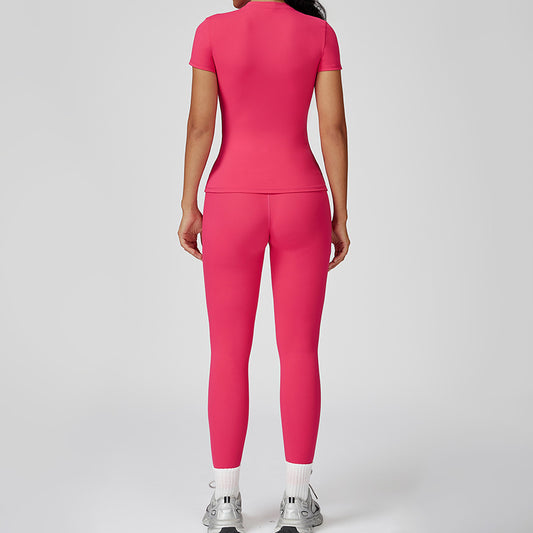 Top deportivo de manga corto cepillado + Leggings de cintura alta de 2 piezas
