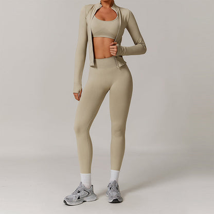 Seamless yoga bra + Full Zipper jackets + high waist leggings 3-piece set