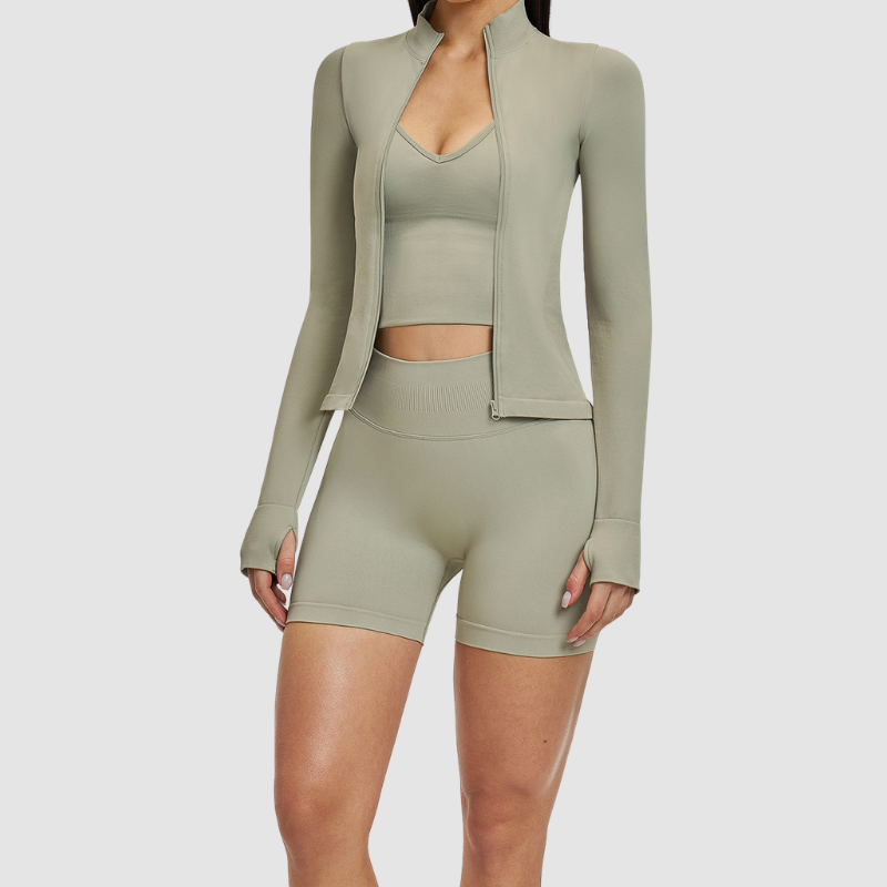 Wholesale cross shoulder strap bra+shorts+jacket 3-piece | Wonderxfans bulk activewear